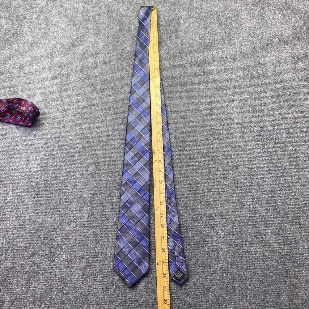 Pronto Uomo Mens Silk Tie Lot of 2 Blue Plaid & Burgundy‎ Geometric Platinum